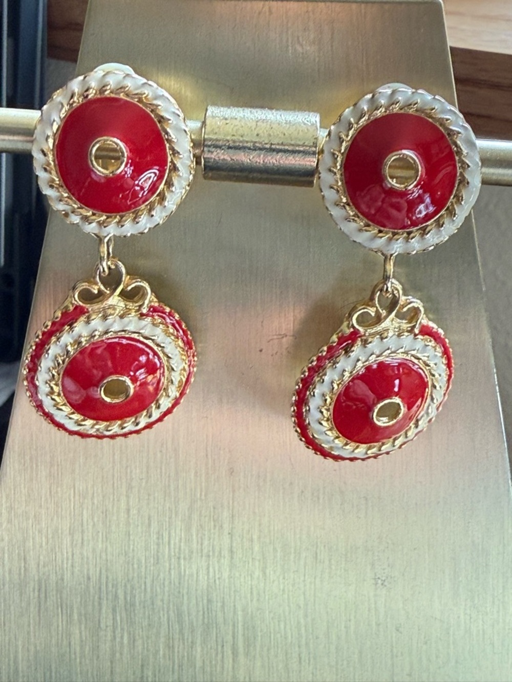 Vintage Red Enamel Double Drop Clip-On Earrings Gold Tone Statement Earrings